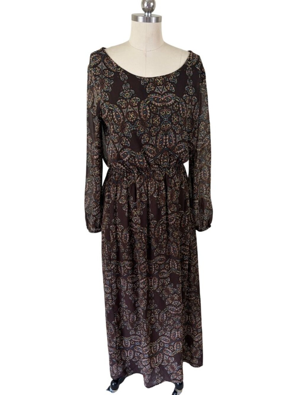 Boho-Chic Coastal Cowgirl Paisley Long Sleeve Maxi Dress Womens L Earthy 70s